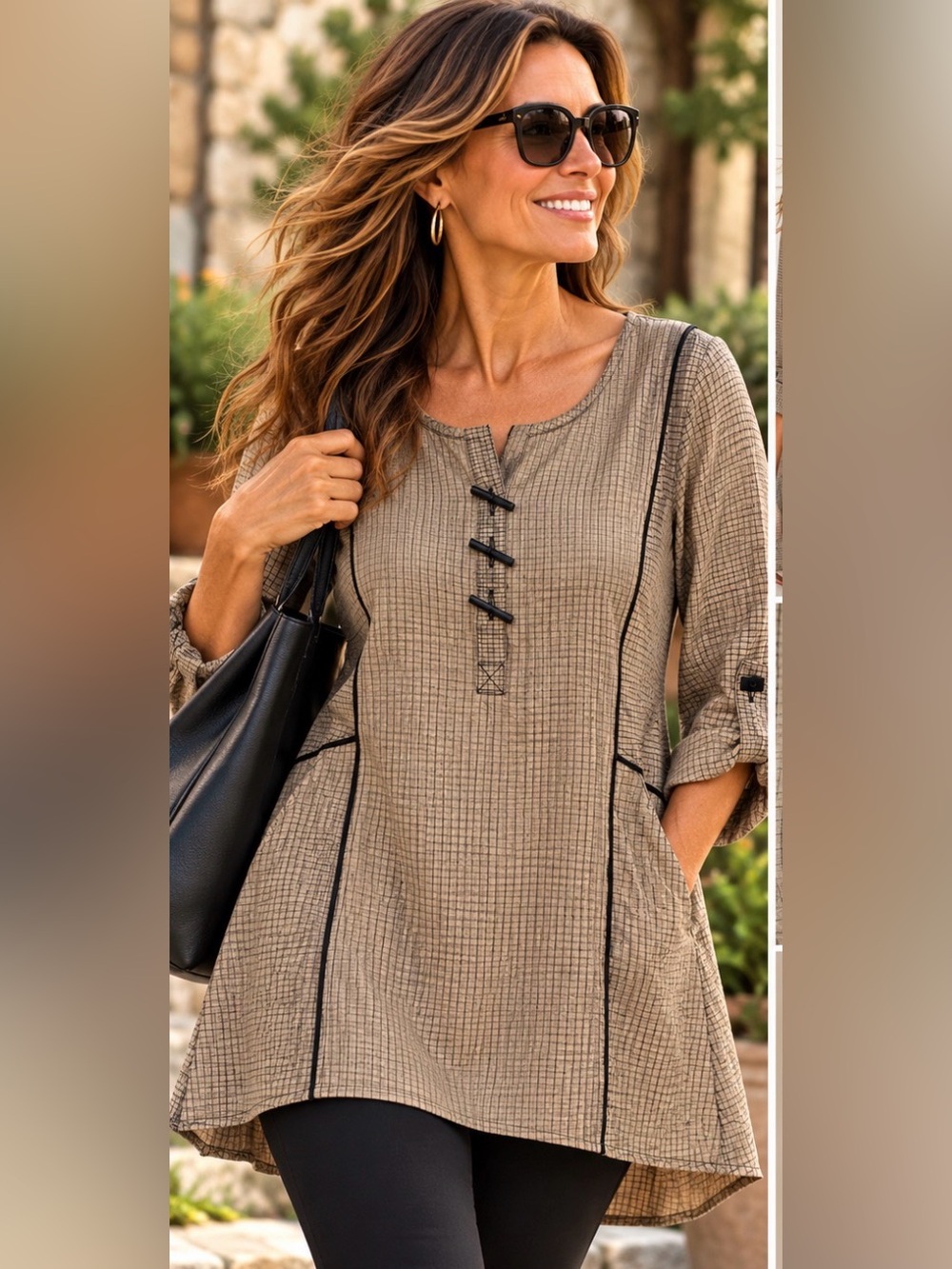 Ali Miles Plus Size 2X Beige Black Windowpane Check Tunic Top Roll Tab Sleeves